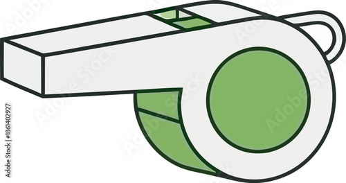 Clean vector illustration of a sports whistle in green and white. This flat-style graphic is an essential digital asset for refereeing, coaching, athletic training, and game day branding.