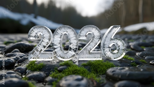 Icy 2026 Numbers on Wet River Stones and Moss: 3D Rendered Ice Sculpture Symbolizing New Year, Winter, and Future Transition.