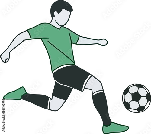 Dynamic vector illustration of a soccer player in a green jersey kicking a ball. This clean, flat-style sports graphic is perfect for football training, match promotions, and athletic design.