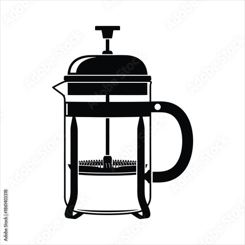 French press coffee maker with plunger partially pressed in clean side-view silhouette vector illustration