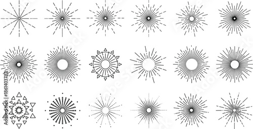 Minimalist sunburst icon set featuring black linear starburst rays sparkle symbols and geometric sun light elements for design