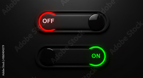 Two sleek toggle switches on a dark background, one red 