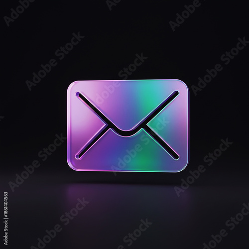 Iridescent email icon with a glowing, holographic finish on a dark background — modern, digital communication symbol for tech, marketing, or futuristic concepts