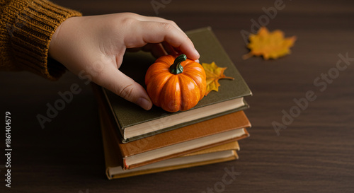 Hand placing a small orange pumpkin on a stack of books, with a single autumn leaf nearby — cozy, intellectual fall scene perfect for seasonal content or book-related themes