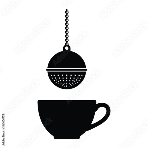 Tea infuser ball on chain above cup in isolated object silhouette for instructional clarity black and white