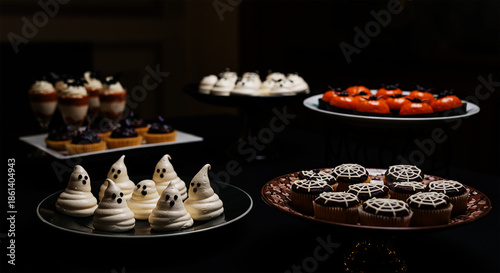 Elegant display of Halloween-themed desserts, including ghost-shaped meringues, cupcakes, and decorated cookies on tiered stands — spooky yet sophisticated party treats