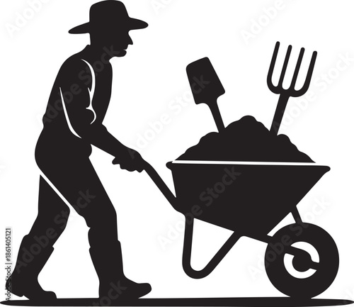 Farmer pushing a wheelbarrow with gardening tools and soil