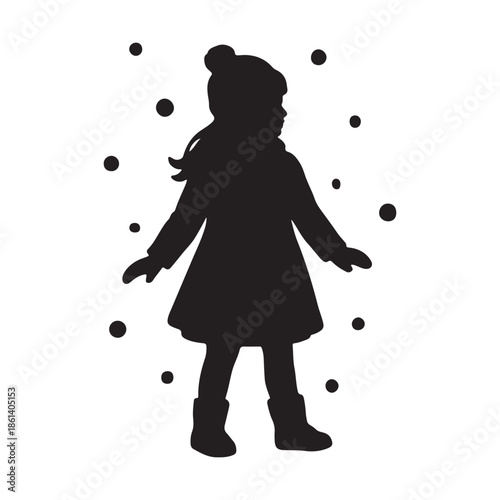 Simple yet elegant black silhouette of a little girl wearing a cozy winter outfit, with snowflakes softly falling around her, evoking the magic of a snowy day