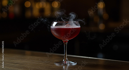 Elegant red cocktail in a coupe glass with wisps of smoke rising, set against a dimly lit bar backdrop — mysterious, luxurious, and atmospheric drink for upscale events or nightlife