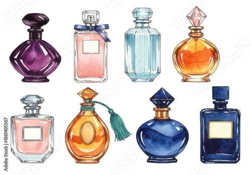 Seven distinct empty watercolor perfume bottles, varied shapes and colors, horizontal flat lay on transparent background with copy space, elegant product display concept