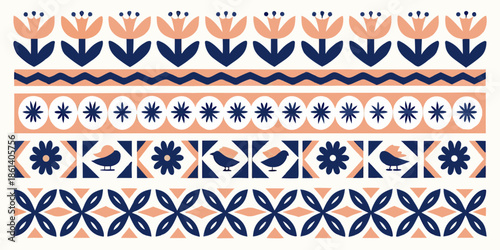 Stylized floral and bird pattern with repeating geometric motifs in blue and orange