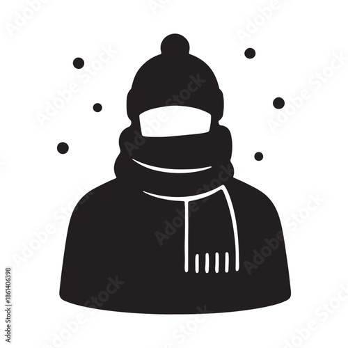 Minimalist silhouette icon of a person warmly dressed in a cozy beanie and scarf, surrounded by falling snowflakes, symbolizing cold winter weather, comfort, and seasonal design