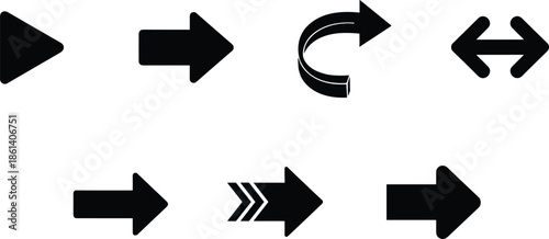 Collection of bold black arrow icons including play buttons curved directional pointers and double sided navigation signs isolated on white background for web