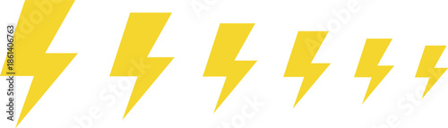 Collection of yellow lightning bolt silhouettes in various sizes representing electric power, flash energy, weather thunder symbols, and creative fast charging concepts.