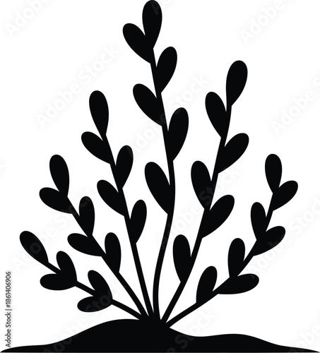 Black Silhouette Vector Graphic of Plant with Leaves Growing from Ground Isolated on White Background