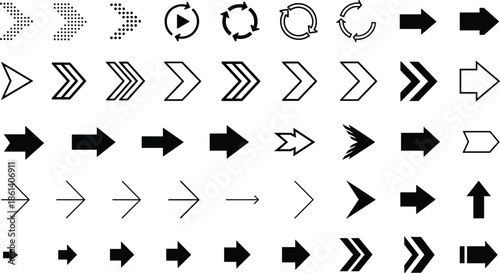 Large collection of minimalist black arrow icons including directional pointers refresh symbols dotted play buttons and chevron signs for professional web and mobile app interface design.