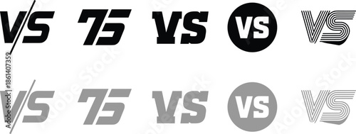 Set of professional versus vs letters logo emblems in black and grey styles for sports competition battle match and comparison design isolated on white background.