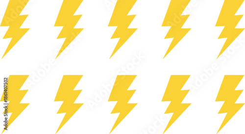 Yellow lightning bolt icons set representing electric energy power and thunder storm symbols isolated on white background for graphic design and interface projects.