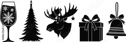 Christmas holiday icon set, wine glass tree reindeer gift bell, black vector silhouettes, festive winter decoration collection isolated minimal design