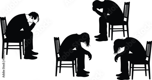 Depressed people silhouette set, sad stressed men women sitting on chairs, black vector illustration, mental health emotional concept isolated