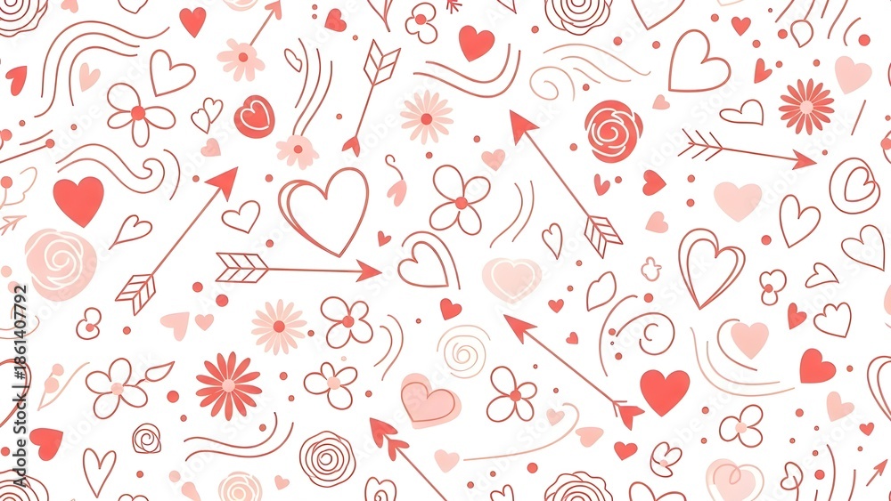 Fototapeta premium Seamless Valentine Love Pattern with Hearts and Romantic Icons