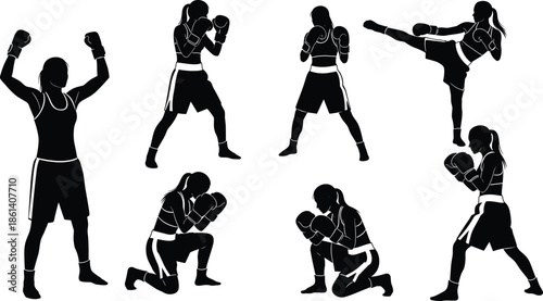 Female boxer silhouette set, boxing kickboxing fighting poses, black vector illustration, women martial arts training action collection isolated