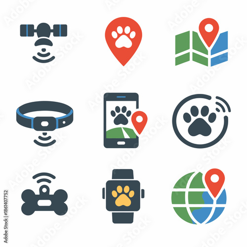 Gps pet tracking icons featuring paw prints, satellite, and geolocation symbols