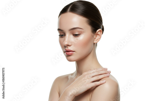 Young caucasian woman with sleek dark brunette hair in a low bun, glowing porcelain skin, nude-pink glossy lips, hand on shoulder, soft diffused lighting against a transparent studio background,
