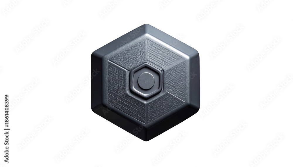 Fototapeta premium Metallic, hexagonal badge with textured surfaces and a centered circular detail