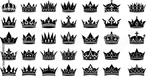 Royal crown silhouette set, luxury king queen corona icons, black vector collection, heraldic medieval emblem designs isolated white background illustrations
