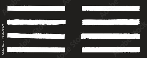 White highlighter bold horizontal lines set. Trendy brush stroke for White ink paint, grunge backdrop, dirt banner, watercolor design and dirty texture on black background. Vector illustration.