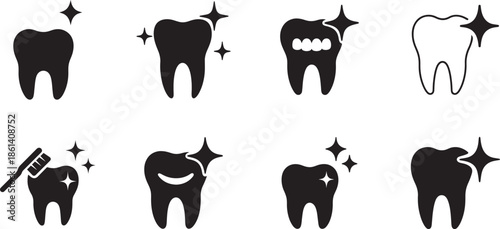 Teeth with sparkle icon set for dental care, hygiene, whitening, and clean smile medical concepts.