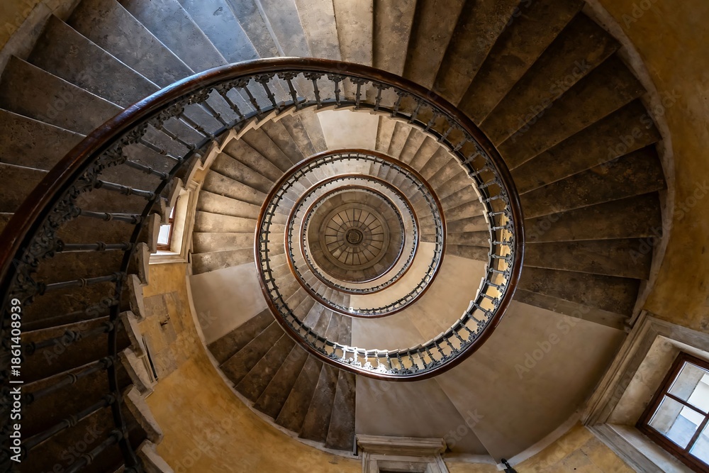 Fototapeta premium Generative AI rendering of a spiraling vintage staircase seen from above showcasing intricate