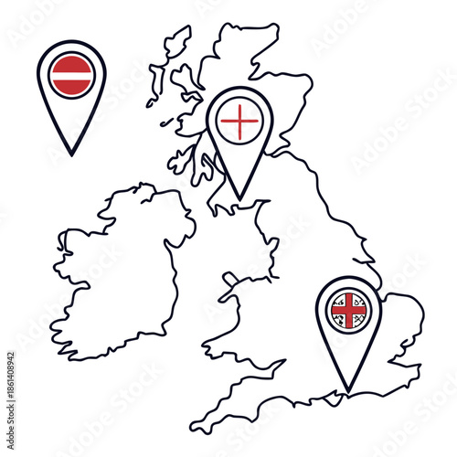 Map of the united kingdom with flag pins