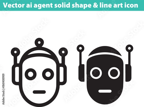 Two contrasting robot faces with solid shapes and line art elements side by side in black and white