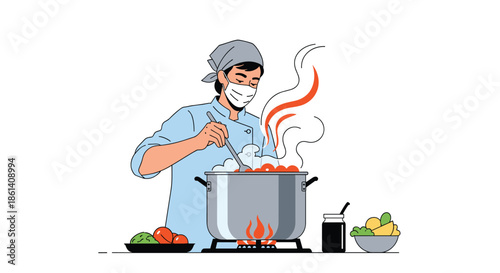 Professional chef wearing a mask and apron stirs a steaming pot of soup while preparing fresh ingredients in a kitchen setting.