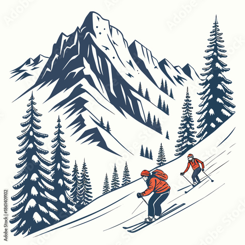 Skiers descending snowy mountain trail