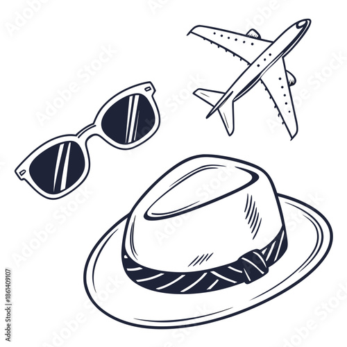 Travel essentials: hat, sunglasses, and airplane