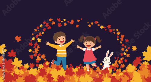 Joyful boy and girl jump with a white rabbit in a massive pile of colorful autumn maple leaves against a dark purple background.