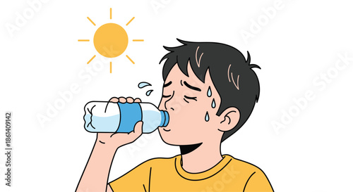 Young boy sweating under the bright hot sun drinks water from a plastic bottle to stay hydrated during summer.