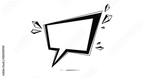 Empty comic style speech bubble with jagged edges and floating shards is displayed in black and white line art illustration.