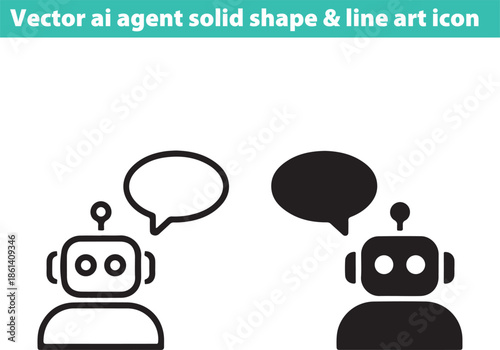 Two robots with speech bubbles communicating with each other in solid and line art styles