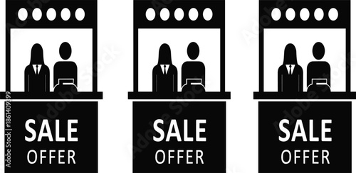 Retail shop window icons with sale offer signage, customer and seller silhouettes, ecommerce promotion and storefront marketing concept illustration
