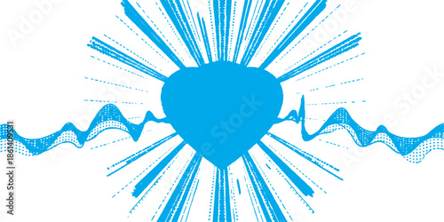 Vector illustration of a heart and heartbeat symbol shape against a blue sky with romantic clouds and sun light for a Valentine Day wedding decoration