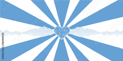 A vintage sunburst vector illustration featuring a colorful retro sun in the blue sky with grunge texture, artful rays, and decorative stripes for a light backdrop design