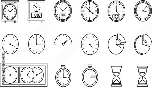 Time icon set featuring minimalist outline illustrations of analog clocks digital displays stopwatches hourglasses and world time zones