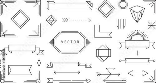 Elegant Black Line Art Deco Frames Banners Corners and Geometric Elements