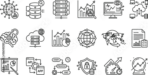 Big data analytics and cloud computing line icons set featuring databases servers cybersecurity networking performance monitoring digital transformation outline vector illustration