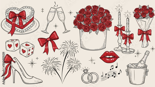 Celebratory objects and symbols for a romantic anniversary dinner party at home with champagne and roses