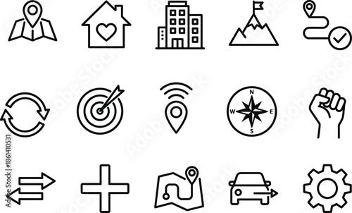 Navigation and location line icons set featuring maps routes goals direction compass progress tracking mobility services urban travel guidance outline vector illustration